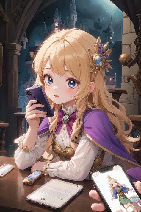 masterpiece,best quality,1girl,fantasy, magical, (smart phone:1.1),looking phone,Prince,dress,Inside the castle,face