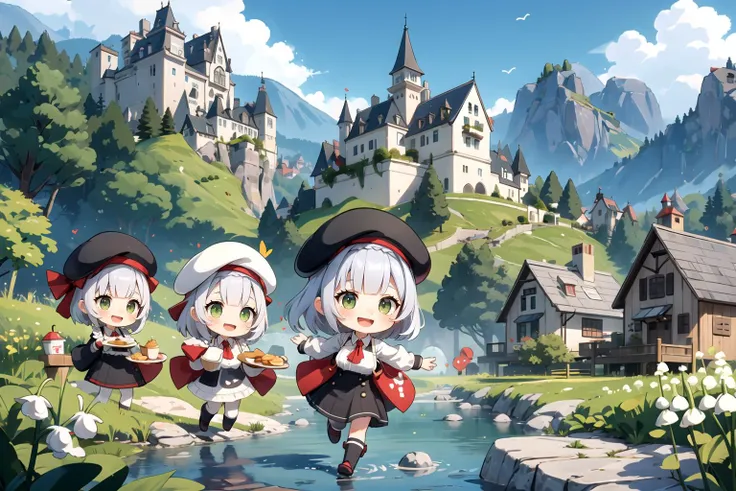 scenery, nordic forest, village, <lora:Noelle-v7.2:0.7>chibi, 6+girls, kfc costume, beret, holding tray of food, smile, open mouth, lily of the valley, ivy, pine tree, mountain, river, village, castle