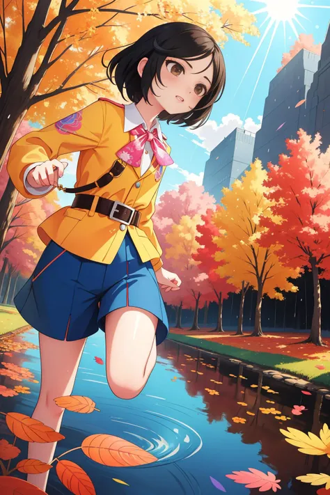 1girl, (colorful art stylized by Santiago Rusinol:0.7) and (Fang Lijun:1.2) and (Steven Meisel:1.2) , landscape art, studio Color splash, Decora, Proud, overhead angle of a Mind-Bending Puny ("See Mr. Peanutbutter Run":1.3) , Weary Clinic in background, fall field and cityscape, Raining, Wide view, detailed, masterpiece, Relaxed, Light caustics, 800mm lens, Colorful, Elegant, Crepuscular Rays, "The woods are lovely, dark and deep.", beautiful, 4K