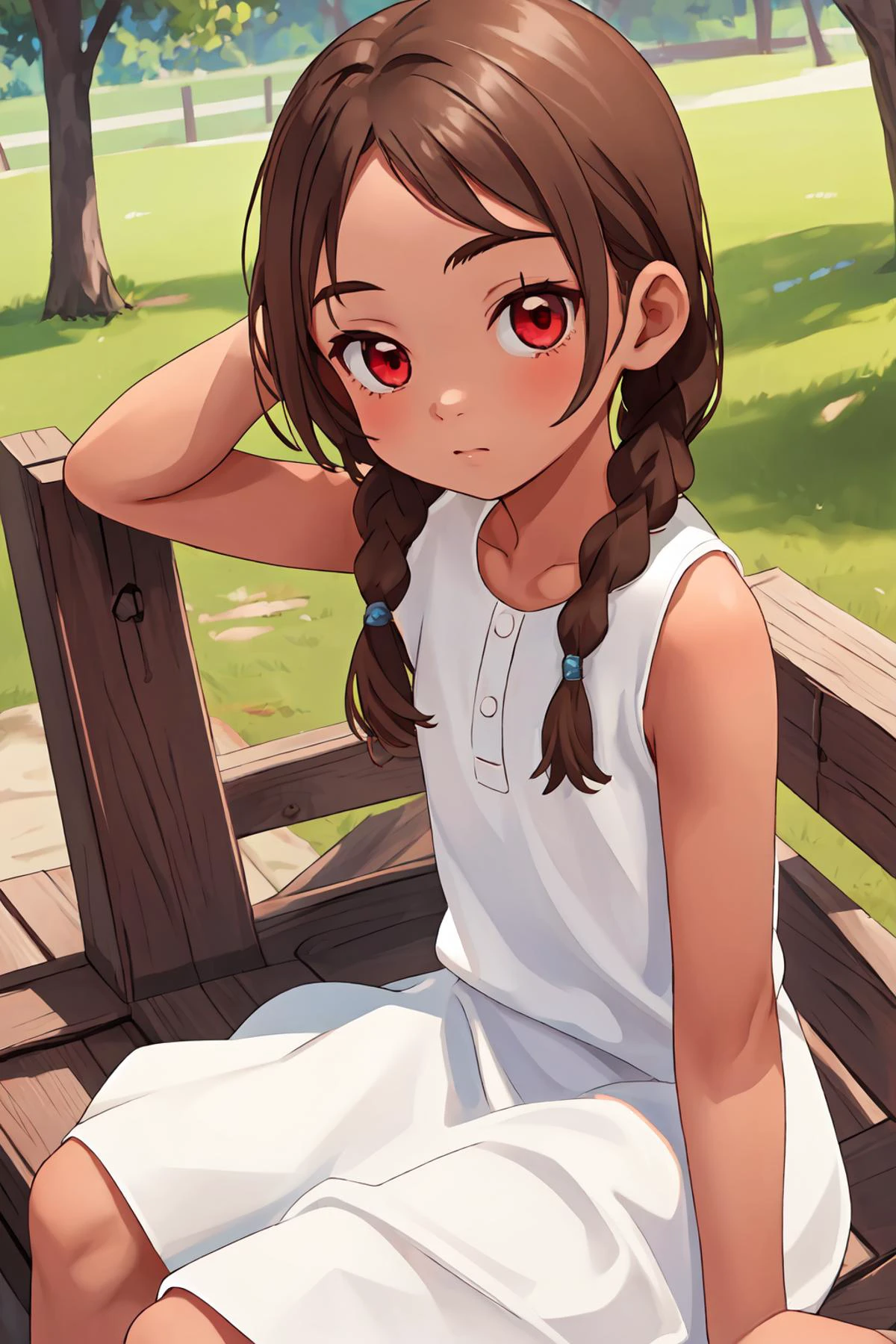 masterpiece, highres, best quality, 1girl, solo, sitting, outdoors, cowboy shot, 4s4hina, brown hair, white dress, bare shoulders, tanned skin, front angle, from the front, red eyes, <lora:asahina-04:1>