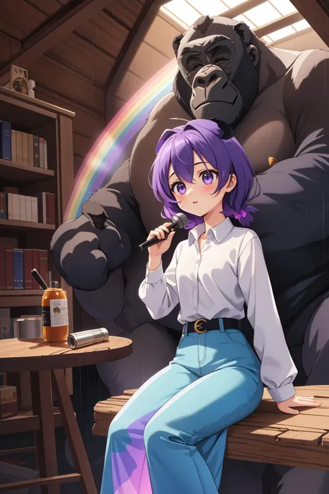 1girl, (figurativism art designed by Andrew Atroshenko:0.7) , artistic Spray paint style, cozy, Golden ratio, upper body shot of a dressed in a very Glow In The Dark fluorescent purple Palestinian Granite Maxi dress and denim shirt, ([Gorilla|Woolly rhinoceros]:1.3) , the Gorilla is very Lyrical and Dire, the Gorilla is Making photographs, Sitting, from inside of a Rainbow Warehouse, dense woods and Scorpius constellation in background, Raining, soft focus, Surprising, divisionism, Sunlight, sharp and in focus, Fujicolor C200, pinhole lens, Black and Violet hue, Swirling, Paint splotches, 4K, dslr