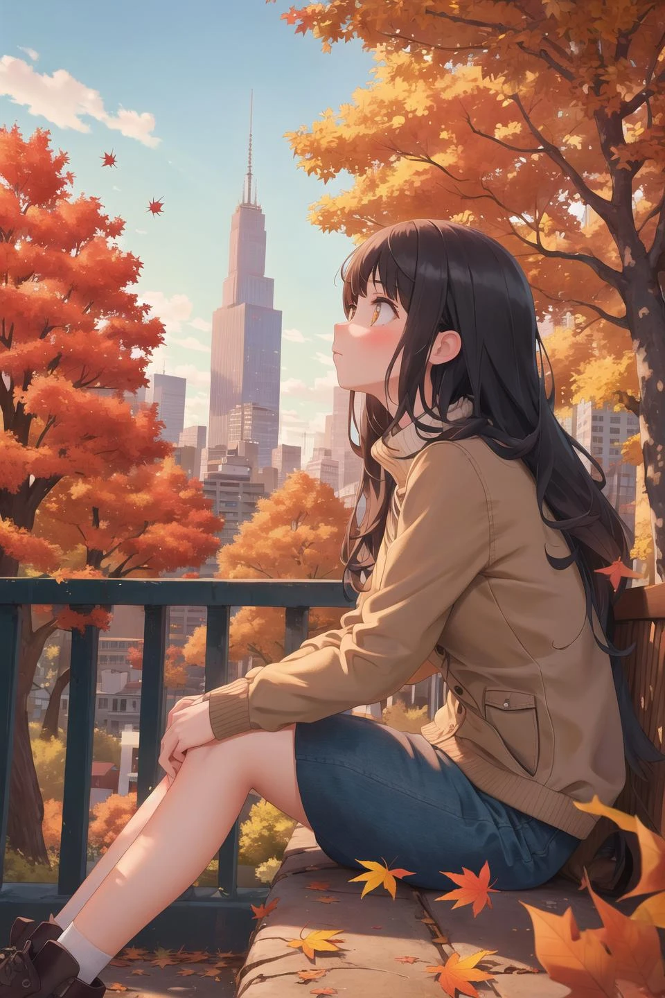 masterpiece,best quality,1girl,city,autumn,sitting,look away,from side,landscape