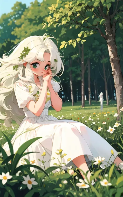 (masterpiece, best quality),1girl with long white hair sitting in a field of green plants and flowers, her hand under her chin, warm lighting, white dress, blurry foreground , 1990s \(style\), <lora:Ishida_Atsuko_Test:1>