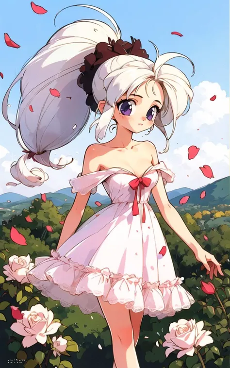 (masterpiece, best quality),1girl, ponytail ,white hair, purple eyes, (dress:1.3), medium breasts, collarbone, flowers and petals, (illustration:1.1), (perfect details:1.1), landscape, background, rose, abstract, 1990s \(style\), <lora:Ishida_Atsuko_Test:1>