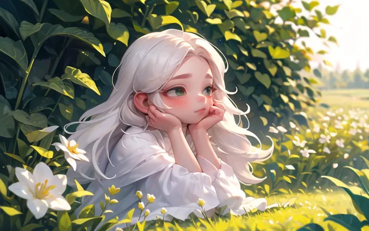 (masterpiece, best quality),1girl with long white hair sitting in a field of green plants and flowers, her hand under her chin, warm lighting, white dress, blurry foreground <lora:Raum1:1>