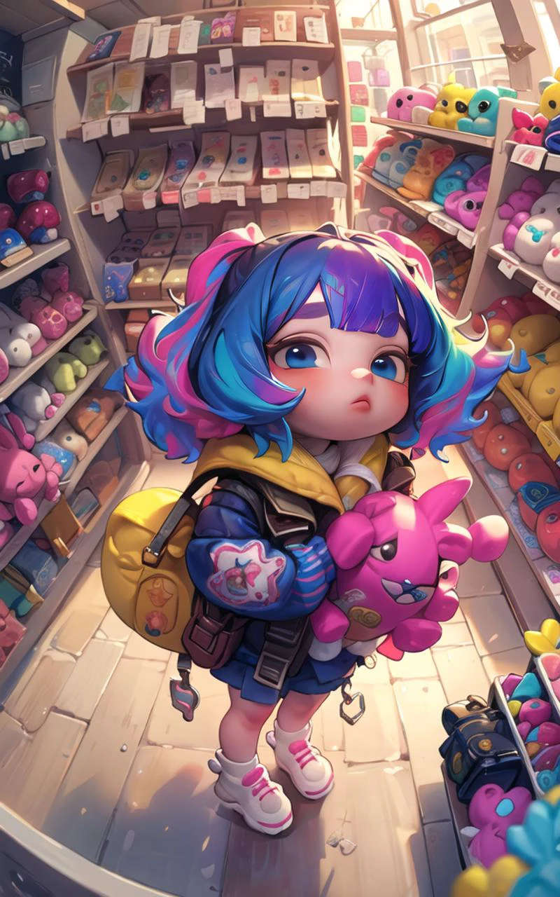 (masterpiece, best quality), (colorful:1.4), from above, solo, 1girl standing in a store with lots of stuffed animals on the shelves and a bag of stuff, depth of field, fisheye lens<lora:Raum1:1>