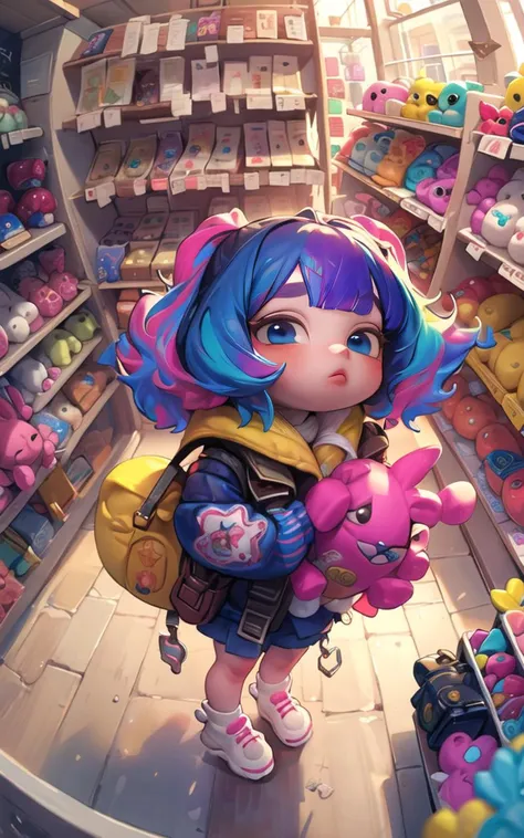 (masterpiece, best quality), (colorful:1.4), from above, solo, 1girl standing in a store with lots of stuffed animals on the shelves and a bag of stuff, depth of field, fisheye lens<lora:Raum1:1>