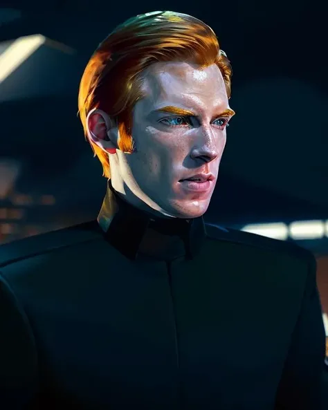 generalhux, <lora:generalhux_lora-10:0.8>, man, very pale skin, ginger hair, ginger sideburns, green eyes, wearing black first order uniform, indoors, medium shot, digital art, illustration, artstation, pixiv, anime, highly detailed, 8k, domhnall gleeson