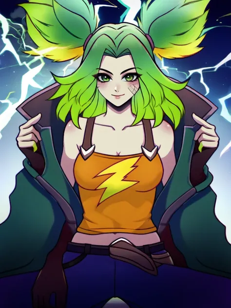 beach, zeri \(league of legends\), league of legends, 1girl, solo, green hair, twintails, bangs, parted bangs, green eyes, bandaid on face, collarbone, bare shoulders, off shoulder, long sleeves, breasts, jacket, blue jacket, open clothes, open jacket, orange tank top, midriff, gloves, black gloves, fingerless gloves, pants, black pants, belt, lightning <lora:zeri-000036:1>