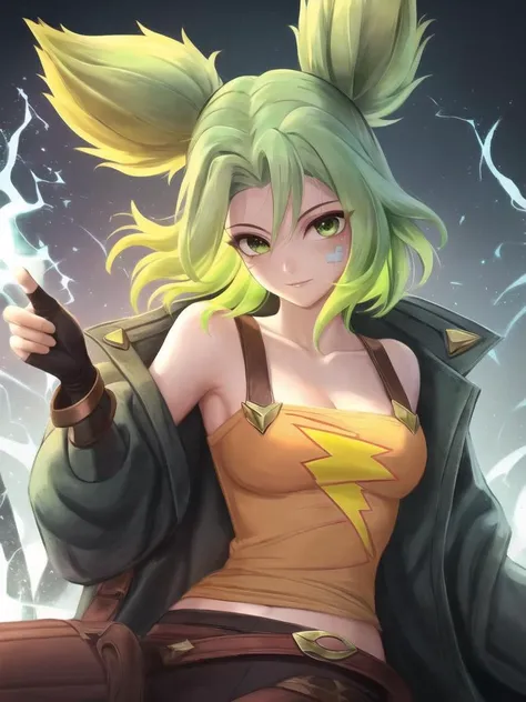 grass, sky, (field), zeri \(league of legends\), league of legends, 1girl, solo, green hair, twintails, bangs, parted bangs, green eyes, bandaid on face, collarbone, bare shoulders, off shoulder, long sleeves, breasts, jacket, blue jacket, open clothes, open jacket, orange tank top, midriff, gloves, black gloves, fingerless gloves, pants, black pants, belt, <lora:zeri-000036:1>