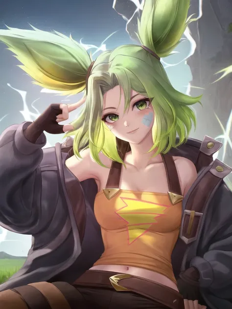grass, sky, (field), zeri \(league of legends\), league of legends, 1girl, solo, green hair, twintails, bangs, parted bangs, green eyes, bandaid on face, collarbone, bare shoulders, off shoulder, long sleeves, breasts, jacket, blue jacket, open clothes, open jacket, orange tank top, midriff, gloves, black gloves, fingerless gloves, pants, black pants, belt, <lora:zeri-000036:1>