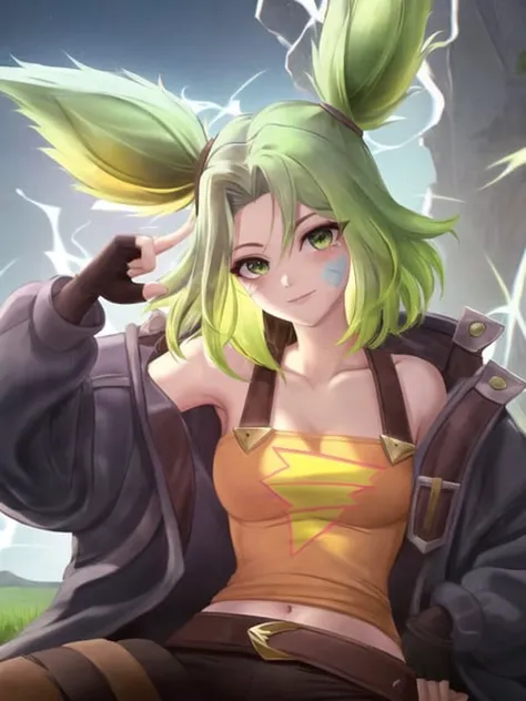 grass, sky, (field), zeri \(league of legends\), league of legends, 1girl, solo, green hair, twintails, bangs, parted bangs, green eyes, bandaid on face, collarbone, bare shoulders, off shoulder, long sleeves, breasts, jacket, blue jacket, open clothes, open jacket, orange tank top, midriff, gloves, black gloves, fingerless gloves, pants, black pants, belt, <lora:zeri-000036:1>