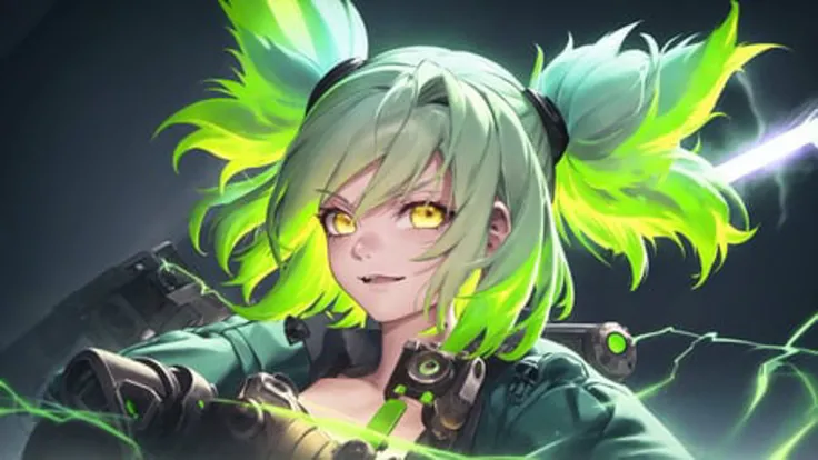 (mastepiece), 1girl, green hair, thunder, electricity, green hair, neon hair, glowing hair, yellow eyes, glowing eyes, orange shirt, ponytails, twin tails, parted bangs, fingerless gloves, open jacket, evil laugh, long hair, gun