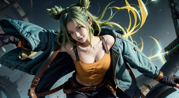 grass, sky, (field), zeri \(league of legends\), league of legends, 1girl, solo, green hair, twintails, bangs, parted bangs, green eyes, bandaid on face, collarbone, bare shoulders, off shoulder, long sleeves, breasts, jacket, blue jacket, open clothes, open jacket, orange tank top, midriff, gloves, black gloves, fingerless gloves, pants, black pants, belt,(extremely detailed CG unity 8k wallpaper), (best quality), (ultra-detailed), (photorealistic),wallpaper,best quality,extremely detailed eyes and face, beautiful detailed eyes,light on face,lightning,Electric spark,smile