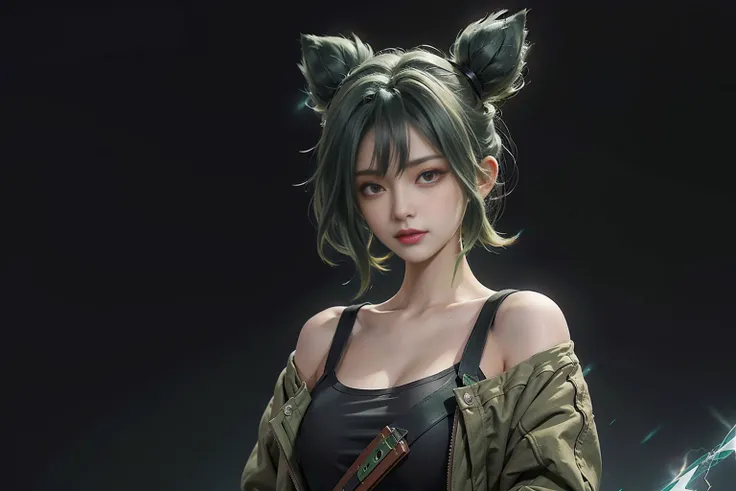 grass, sky, (field), zeri \(league of legends\), league of legends, 1girl, solo, green hair, twintails, bangs, parted bangs, green eyes, bandaid on face, collarbone, bare shoulders, off shoulder, long sleeves, breasts, jacket, blue jacket, open clothes, open jacket, orange tank top, midriff, gloves, black gloves, fingerless gloves, pants, black pants, belt,(extremely detailed CG unity 8k wallpaper), (best quality), (ultra-detailed), (photorealistic),wallpaper,best quality,extremely detailed eyes and face, beautiful detailed eyes,light on face,lightning,Electric spark