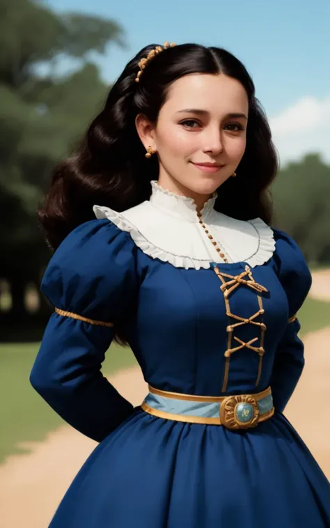 waist up closeup of vecstr wearing a colonial blue dress, colonial mexico outdoors, smug expression, hairdo, realistic, <lyco:VeCstr_v2_locon_64_64: 1.0>