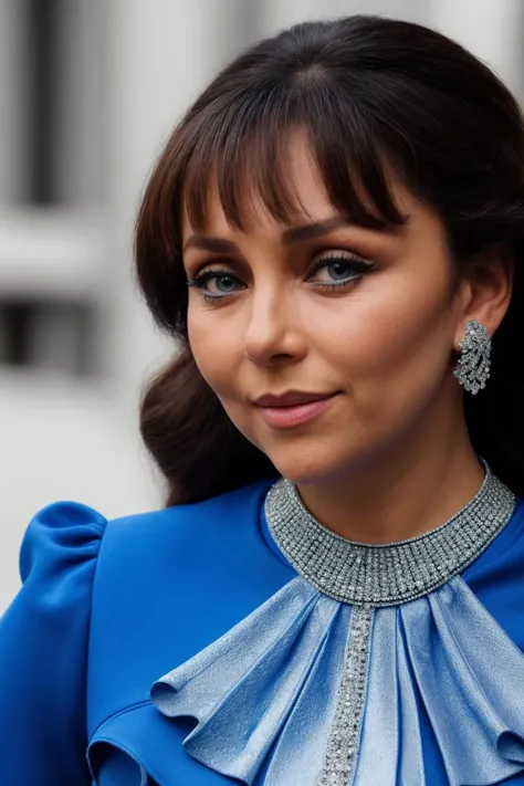 face closeup of vecstr wearing an elegant [blue] outfit with [[silver]] details, dslr, 35mm lens, <lyco:VeCstr_v2_locon_64_64: 1.0>