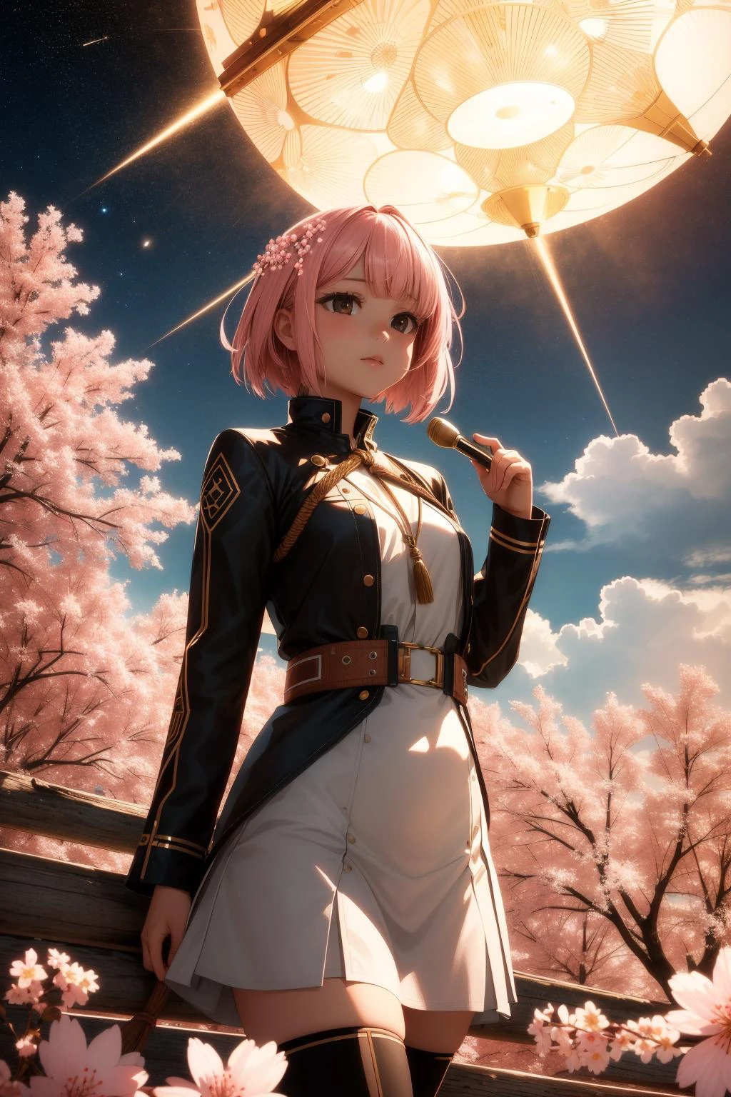 1girl, (by Hinchel Or:0.9) and (Buckminster Fuller:0.9) and (Carl Theodor Dreyer:1.1) and (Mahiro Maeda:1.2) , awardwinning Digital artwork, insane details, wide angle of a Sublime Uninspired [Navajo|Turkish] ([Rope Bridge|Meteor shower]:1.3) , it is made from Cork, it has elegant details, Folded woods in background, cherry blossom pink flowers and Interstellar gas in background, Winter, equirectangular 360, Ultra Real, Hopeful, Metalcore, specular lighting, 50mm, Sepia filter, Encaustic Paint, blended visuals, award winning, 64K