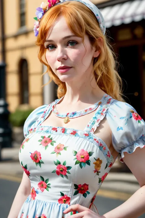 a full body photo of christinaHendricks2 with a happy look on the face, (upper body), house wife style, (floral print milkmaid dress:1.3), in front of city street, (city street), detailed skin texture, (blush:0.5), (goosebumps:0.5), subsurface scattering, ultra hd, 4k, high def, realistic, Photorealistic, Hyperrealistic, Hyperdetailed, analog style, detailed skin, matte skin, soft lighting, subsurface scattering, realistic, heavy shadow, masterpiece, best quality, ultra realistic, 8k, golden ratio, Intricate, High Detail, film photography, soft focus