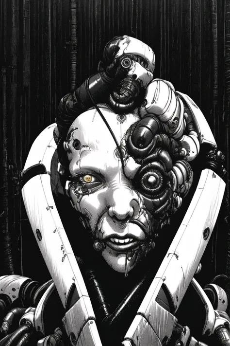 solo, (beautiful cyborg woman, mature:1.3), curvy, cowboy shot, close up, <lora:Blame!:1>, (masterpiece), (best quality), (high resolution), hyper detailed, detailed_background, vast, gigantic, decrepit scenery, covered in large tubes and cables, dim light, giant-gross-organic, monochrome, (raining:1.3)