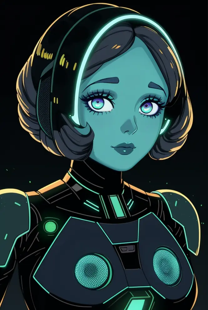 glowing android eyes, a beautiful woman, looks lovingy, artificial intelligence,