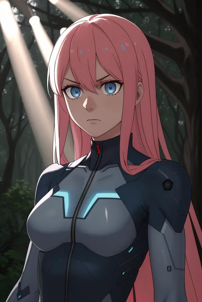 A semitransparent zerosui, Velvet bra, zerosuit, contrast, god rays, Blue eyes, pink hair, woods background, absolute intensity,