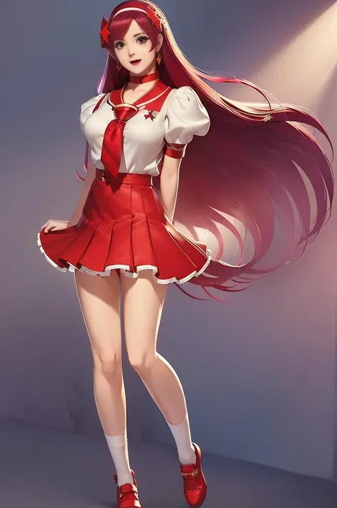 ((best quality)),((masterpiece)),((realistic)), 4thena, ((red skirt)), white blouse, red necktie, heart/star-shaped earrings, simple bracelet, hair ribbons or bows, ((full body shot)), <lora:4thena:1>