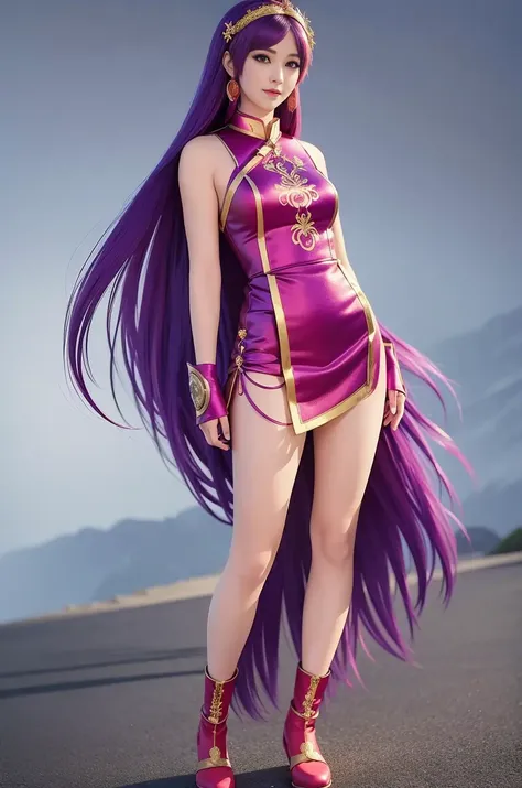 ((best quality)),((masterpiece)),((realistic)), 4thena wearing a red chinese dress, purple hair, purple eyes, ((full body shot)), <lora:4thena:0.7>