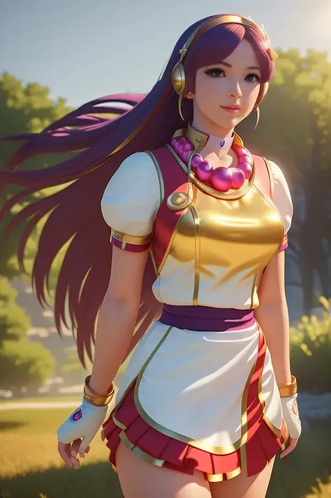 ((Best Quality)), ((Masterpiece)), ((Realistic)), 4thena, Standing confidently, Elegant attire, Music notes floating in the background, Balanced Cinematic Lighting, Deep depth of field, Golden hour lighting, Soft and smooth textures, <lora:4thena:1>