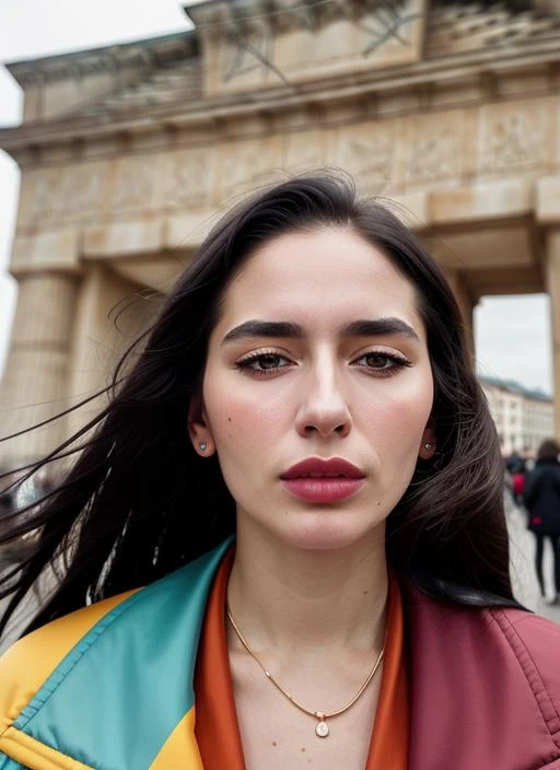 portrait of sks woman in Berlin, at the Brandenburg Gate, by Flora Borsi, style by Flora Borsi, bold, bright colours, ((Flora Borsi)), by Jimmy Nelson, <lora:lora-small-loraine-lna:1>