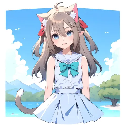 cut3h0rnstyl3, portrait, (masterpiece, best quality), intricate details, pencil sketch, 1girl, solo, neurocat, cat tail, standing, looking at viewer, park, tree, sky, cloud, city, sailor collar, bowtie, blue skirt, heart hair ornament, tail bow, ahoge, arms behind back, sharp jawline, <lora:NeuroTEST:0.5>, <lora:cut3h0rnstyl3:1>