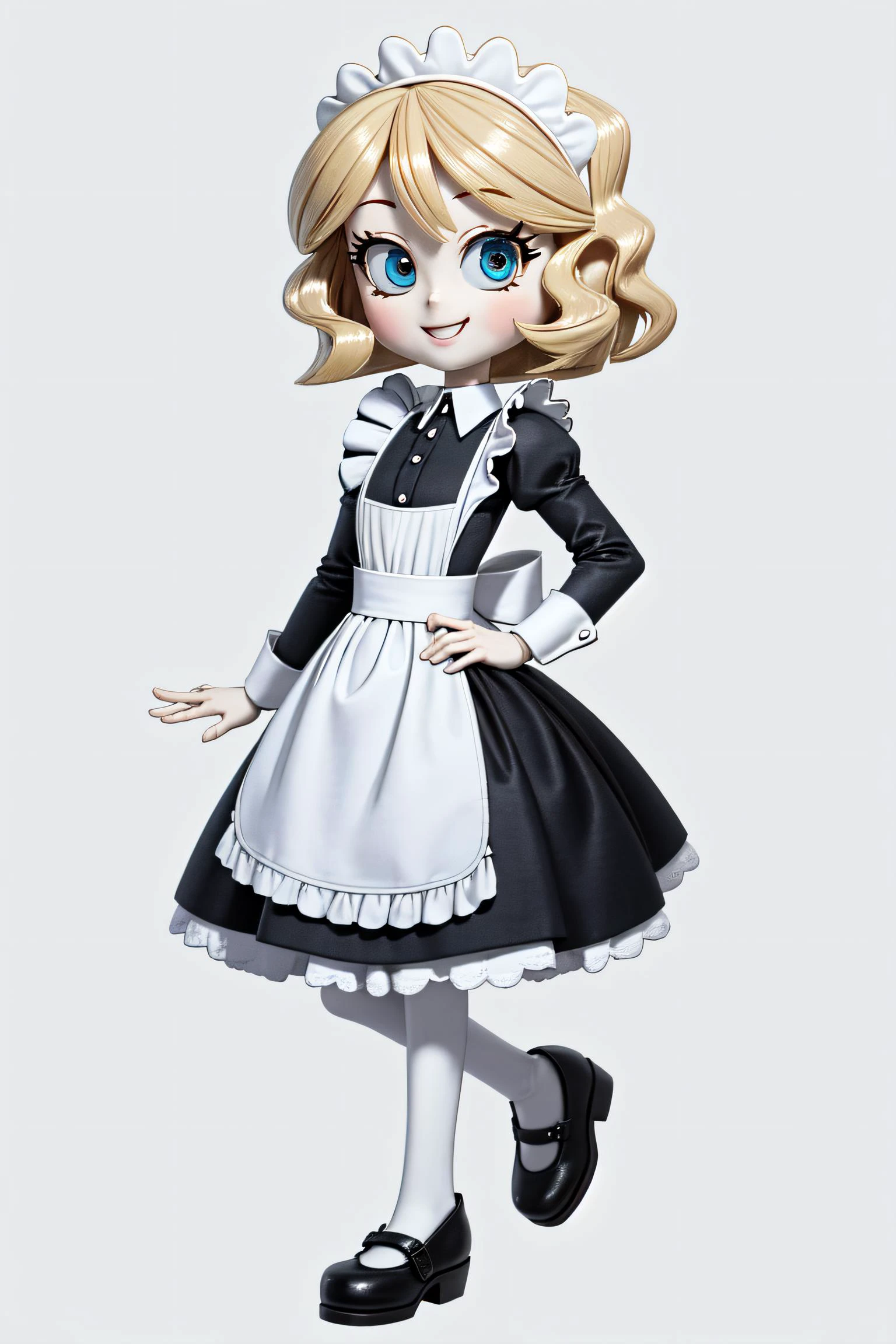 Asian-Less, (full body shot:1), simple background, white background, <lora:add_detail:0.1>, <lora:noribs_v11:0.8>, <lora:GoodHands-beta2:0.8>, <lora:Emmy2.0:0.6> 3mmy, blonde hair, white skin, android, maid dress, looking at viewer, smiling