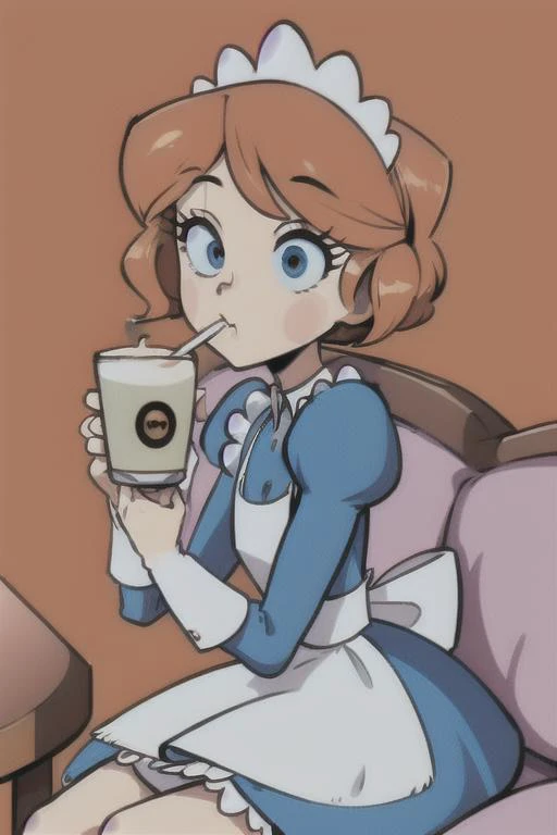 3mmy, maiddress, maidheadpiece, drinking a cup of coffee, sitting