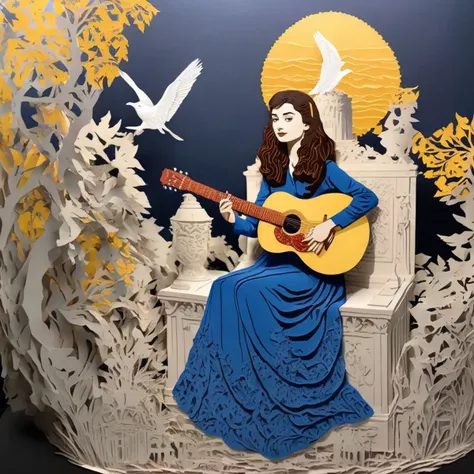 <lora:papercut:1> a Papercut picture of a beautiful Audrey Hepburn with long hair, playing an acoustic guitar, high quality, extremely detailed