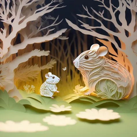 papercut of a hamster, spring, forest, <lora:papercut:1>