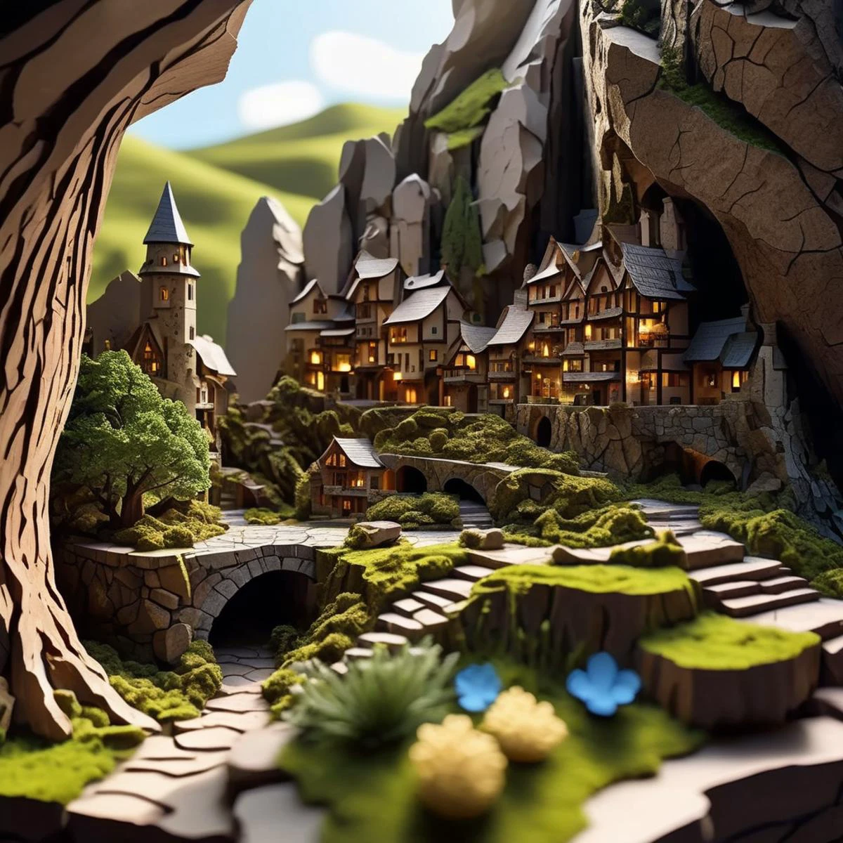 papercut, professional studio photo cinematic photo scifi (concept archviz urban skyscraper residence building:1.2) design, city centre, view from above, modern rustical sustainable, stone wood, traffic, garden park outside, elaborate, texture cracked dry treebark (cracked wood style room ) design, lush flowers, green trees with intertwined roots, <lora:treebark-SDXL-s-exp:0.9> mountains, blue cloudy sky . 35mm photograph, film, bokeh, professional, 4k, highly detailed backlight, atmospheric, hard rim light, absurdres, <lora:papercut:0.8> papercut