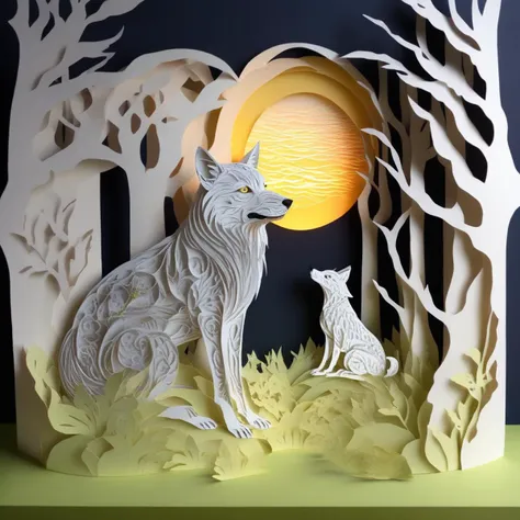 Isometric View, Miniature Imitation, Paper Art Style, (Paper Quilling: 1.2), 3D, Rich Colors, Crystal Colors, Color Contrast, Creative Composition, Moon, Forest, Flower, Firefly, (Wolf: 1.2), Best Quality, Very Detailed, Official Art