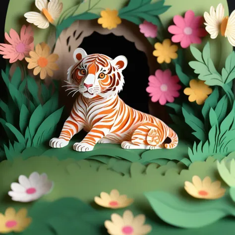 papercut, a tiger, spring, color, <lora:papercut:1>