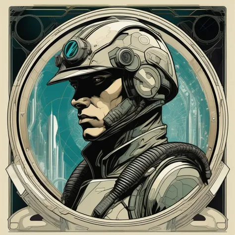 an image futuristic solider in alfred mucha style