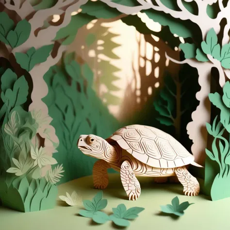 papercut of a turtle,  spring, forest, <lora:papercut:1>