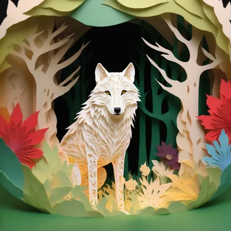 papercut, a wolf, spring, color, <lora:papercut:1>