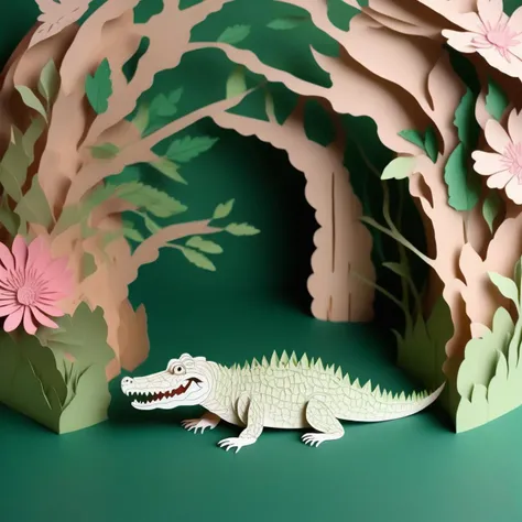 papercut, a crocodile, spring, color, <lora:papercut:1>