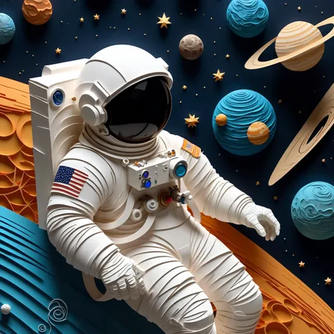 <lora:papercut:0.7> papercut, astronaut in space, planets, (masterpiece:1.2), best quality, (hyperdetailed, highest detailed:1.2), high resolution textures