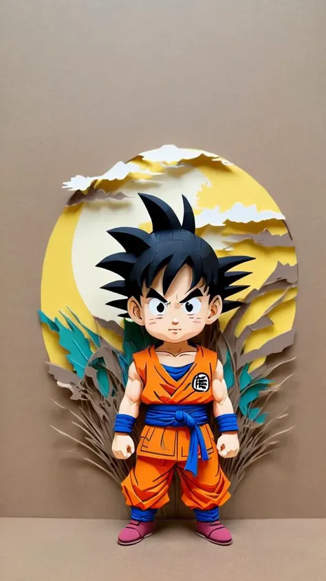 <lora:papercut:1> kid goku, papercut style, colourfull, post apocalyptic,