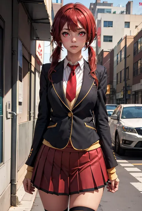(masterpiece, best quality), 1girl, <lora:AkaneSakurada:0.8> AkaneSakurada, 1girl, solo, long hair, pleated skirt, red eyes, low twintails, school uniform, red hair, necktie, kneehighs, red skirt, blazer,