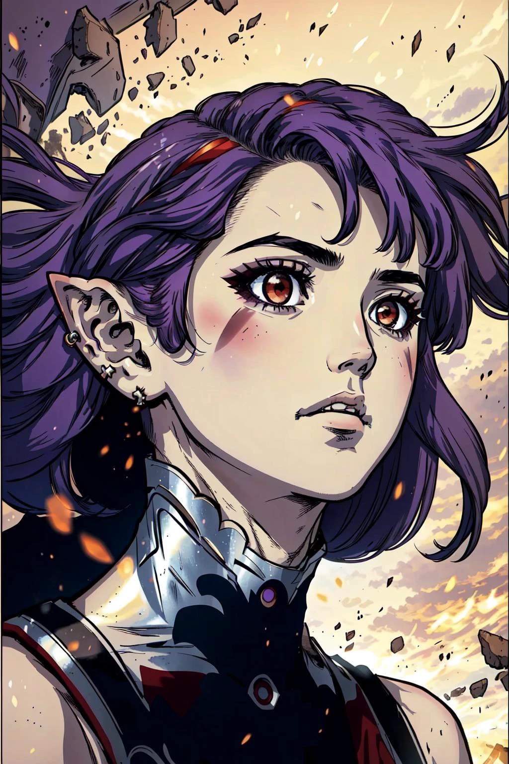best quality, intricate details,
1girl, <lora:chara_SoloLeveling_EsilRadiru_v1:0.8> esil radiru, purple hair, very long hair, red eyes, floating hair, straight hair, pointy ears, earrings, facial mark, single braid, bare shoulders
<lora:boichi_manga_style_offset:0.8> boichi manga style,