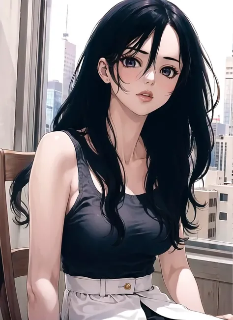 "A young adult Latina woman with long black hair styled in curtain bangs, very beautiful, with medium-sized, pointed breasts, thin legs, a small butt, slightly full lips, and large brown eyes. She is wearing jeans and a short black blouse with no neckline. She also has aviator-style glasses."