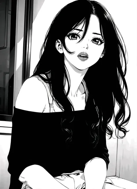 boichi manga style, 1girl, monochrome greyscale, solo, sitting, long hair, upper body, ((masterpiece)) <lora:boichi_manga_style_offset:1>