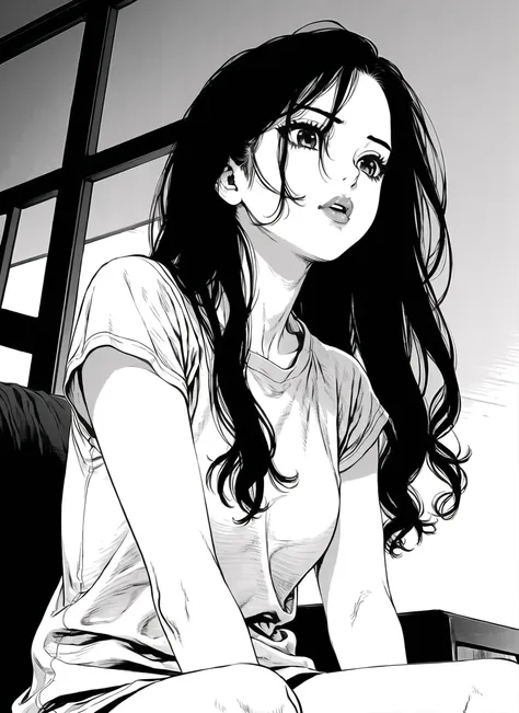 boichi manga style, 1girl, monochrome greyscale, solo, sitting, long hair, upper body, ((masterpiece)) <lora:boichi_manga_style_offset:1>