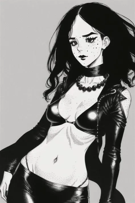 (monochrome):1.9, (greyscale):1.9 (1girl, adult, 26 years old, tall, petite, full body, ginger, (((small breasts))):1.9, (messy hair), black eyeliner, black eyeshadow, black lipstick, gothic background,prominent strong freckles, full body freckles, freckles on cheeks, freckles on nose, freckles on shoulders, freckles on chest, freckles on arms, freckles on stomach, onyx gemstone necklace, excited expression, sharp focus, plump stomach, detailed stomach, (((! entire_body covered in dark freckles)))), (anime style), <lora:boichi_manga_style_offset:1>, (boichi manga style), action pose, gantz suit, holding katana <lora:Sar:0.9>